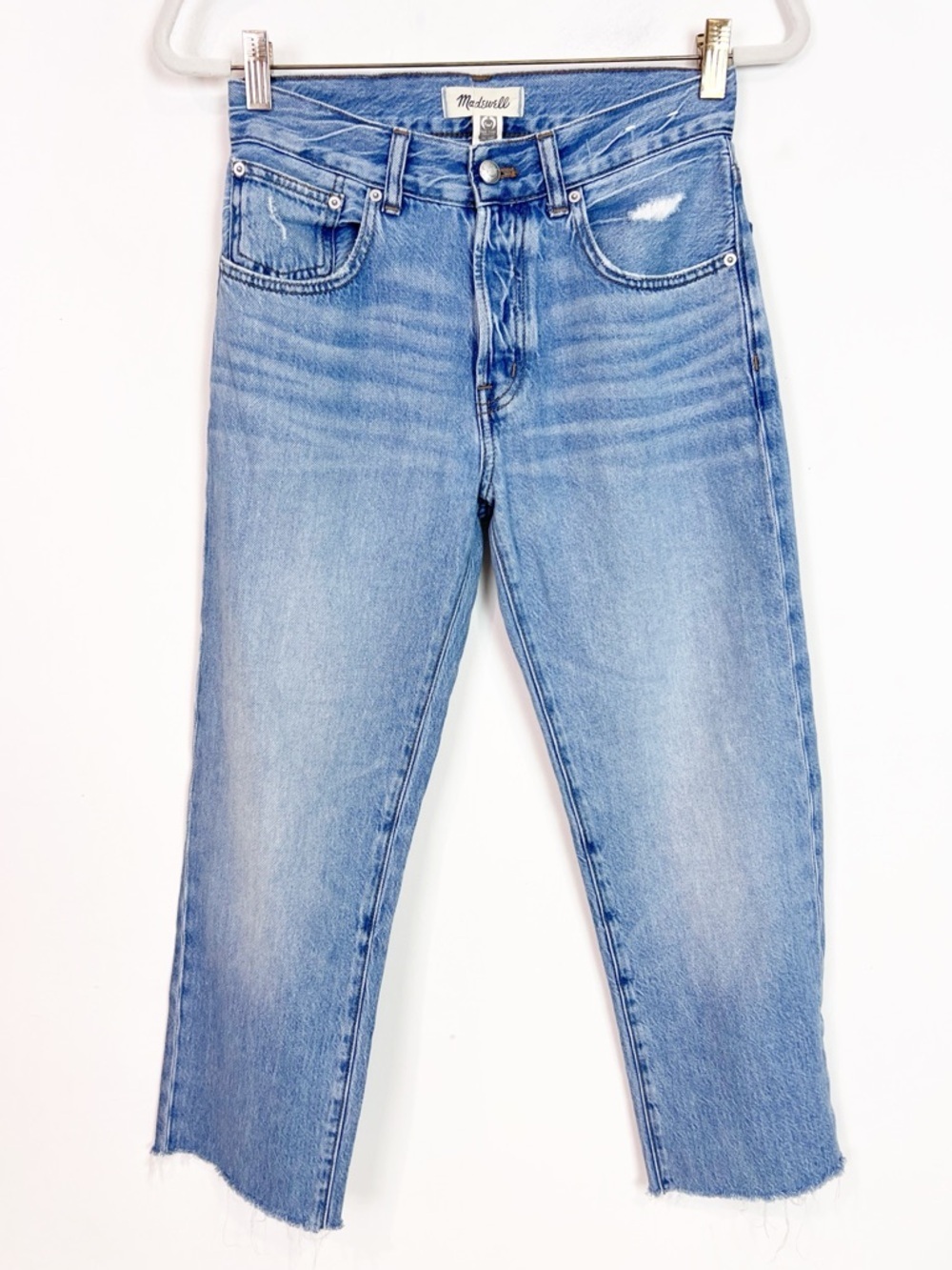 MADEWELL DEAN EAST STRAIGHT BUTTON FLY LIGHT DENIM FRAY HEM CROP JEANS SZ 24